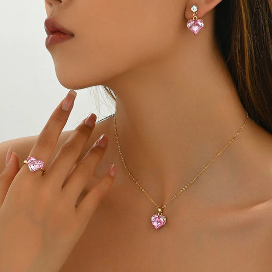 Cute BFF Jewelry Set - Heart-Shaped Zirconia Ring, Necklace & Earrings Trio, Dainty Pastel Design for Daily Glam & Special Occasions