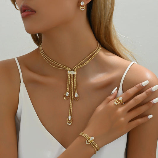 Minimalist Jewelry Set – Necklace, Earrings & Ring | Elegant Design with Sparkling Stones