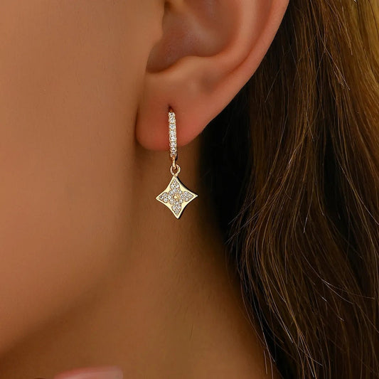 Minimalist Luxe Starburst Earrings - 4-Pointed Star Zircon Clip-On Hoops for Women, Contemporary Gold-Tone Ear Clips with Hand-Inlaid Crystals