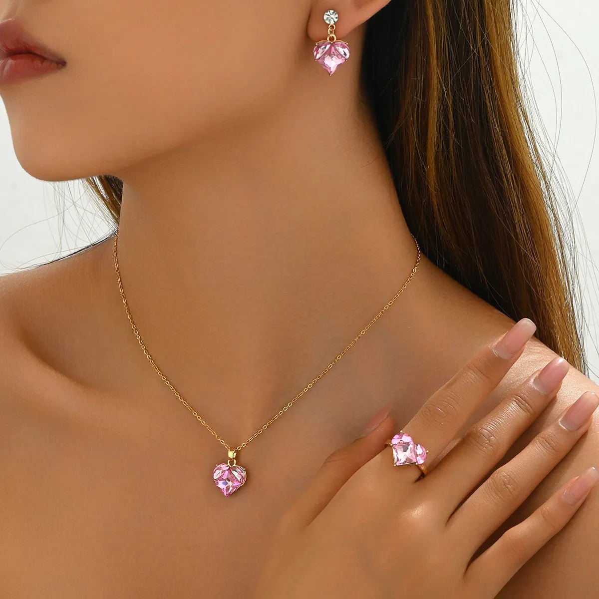 Cute BFF Jewelry Set - Heart-Shaped Zirconia Ring, Necklace & Earrings Trio, Dainty Pastel Design for Daily Glam & Special Occasions